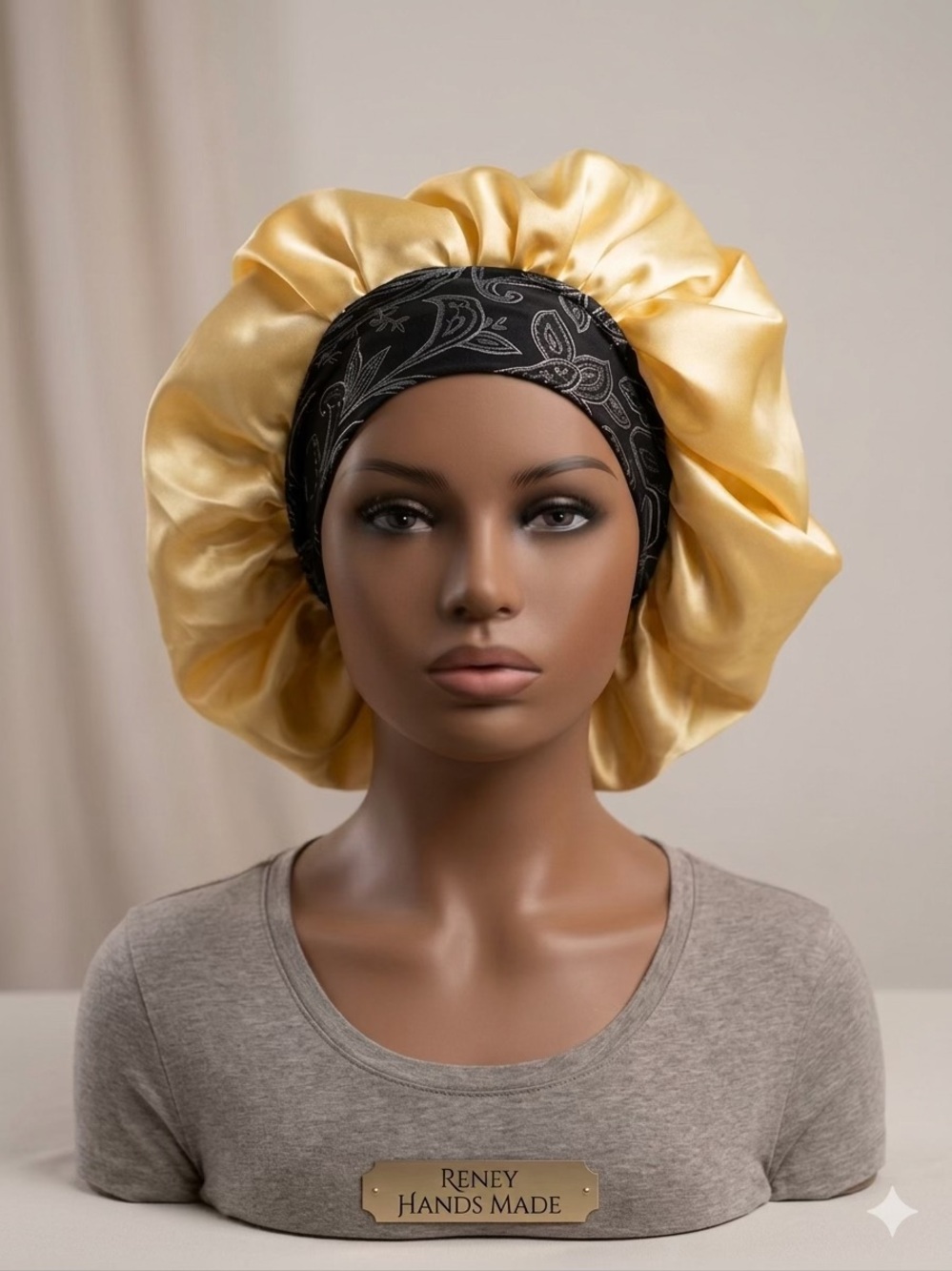 Gold Satin Bonnet with Black Paisley Band